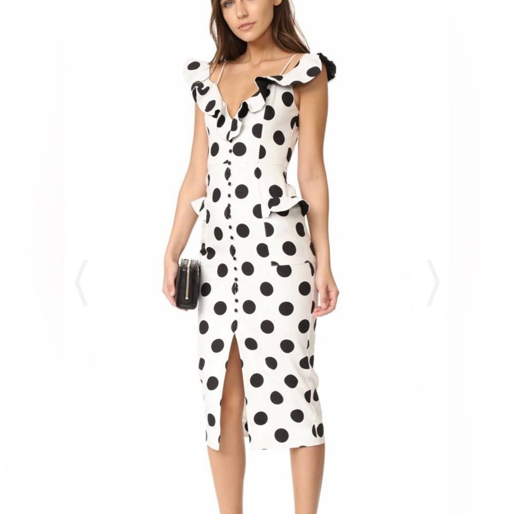 NICHOLAS Black Polka Dot on White Ruffled Midi Dress
